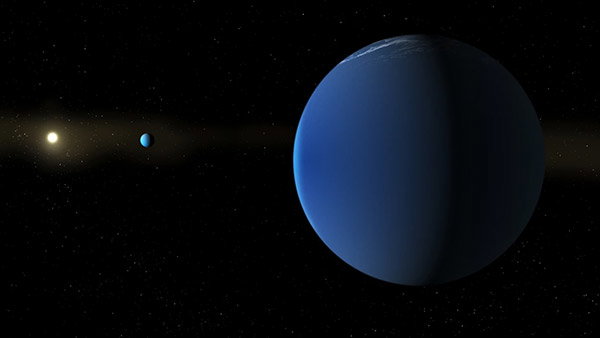 Illustration of a bright yellow star orbited by two bluish planets.