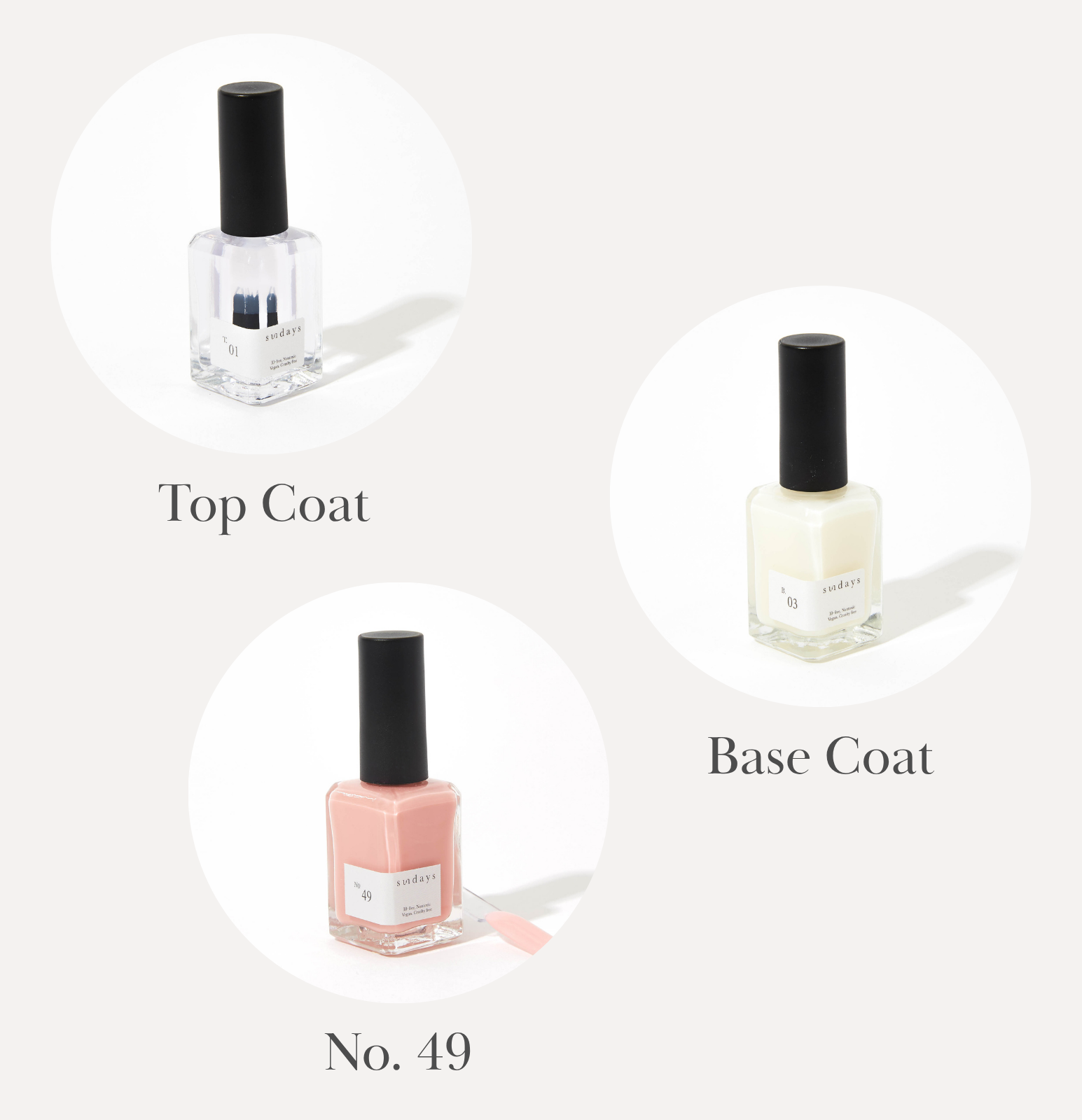sundays studio top coat, base coat, and no. 49 non-toxic nail polish