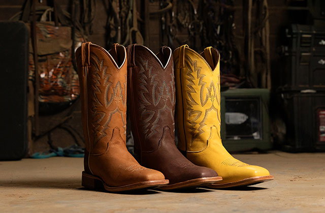 Boston 13" Whitetail Deer western boot in cognac brown,  and Boston 13" Whitetail Deer chocolate brown and Boston 13" Whitetail Deer in yellow. 