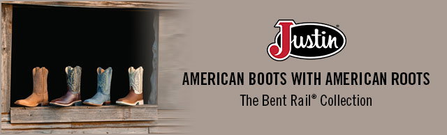 A group of Bent Rail Boots. Justin Logo. American Boots With American Roots. The Bent Rail® Collection.