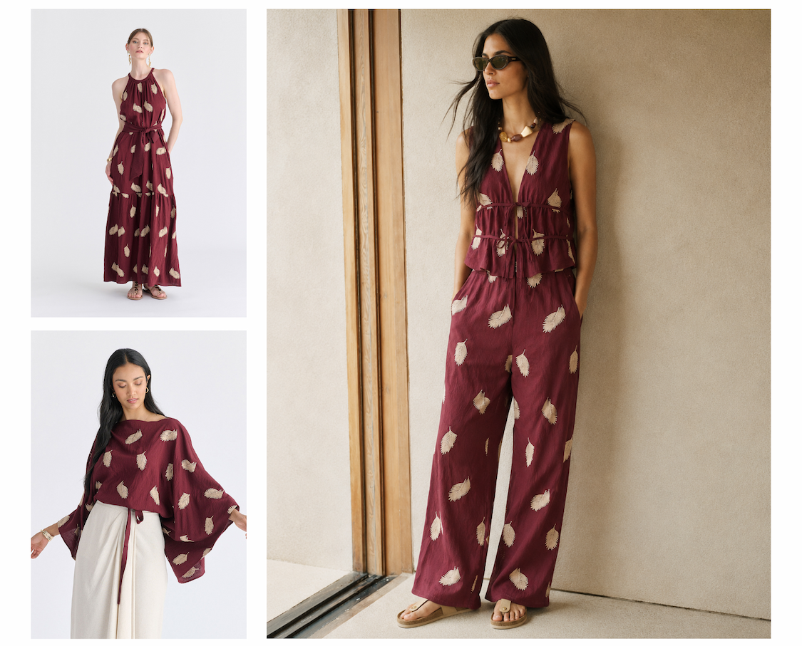 Leaf Embroidered Tie Front Waistcoat in Burgundy