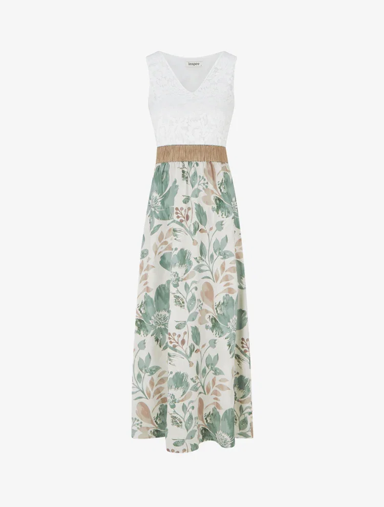 Robe longue à dentelle et imprimé floral - Kaki clair