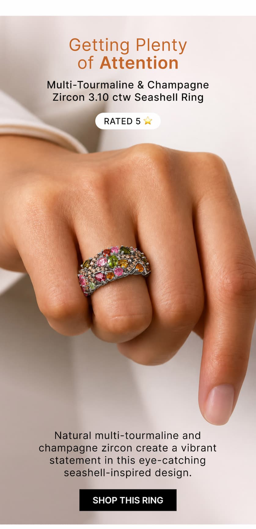 Multi-Tourmaline & Champagne Zircon 3.10 ctw Seashell Ring