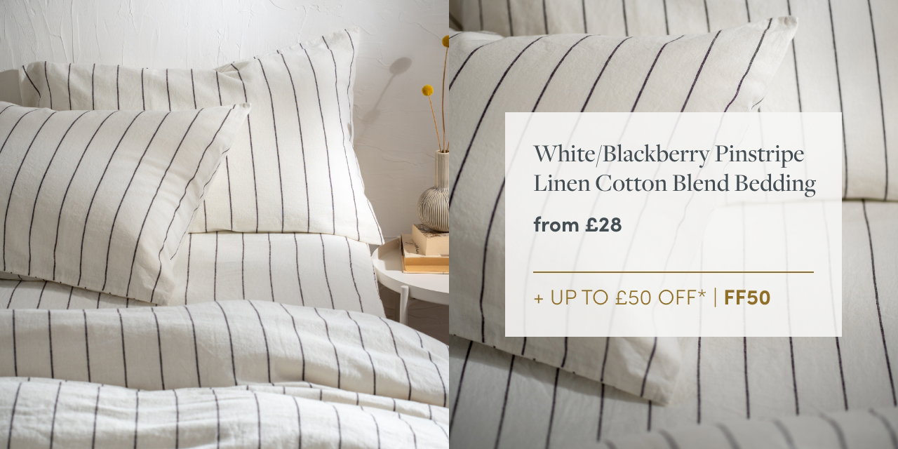 White/Blackberry Pinstripe Linen Cotton Blend Bedding