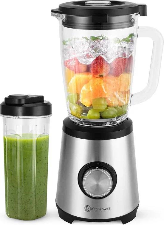 Image of Kitchenwell Blender – Incl. To-Go Beker & Pulsefunctie – 1300 W – 17.2 x 21 x 43 cm – Grijs