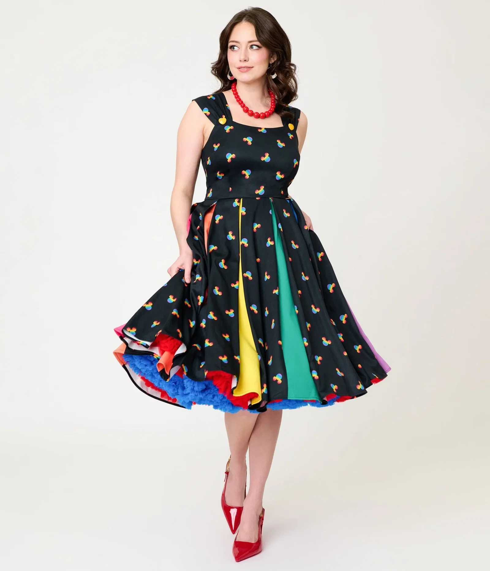 Image of Disney Pride Collection by Unique Vintage Black & Rainbow Mickey Stripe Swing Dress