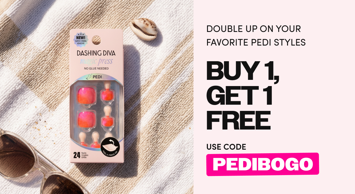 Split banner with a Dashing Diva Magic Press Pedi nail kit in coral and pink shades resting on a striped towel with sunglasses and a seashell on the left, and bold text on the right reading 'Double Up On Your Favorite Pedi Styles — Buy 1, Get 1 Free — Use Code PEDIBOGO.