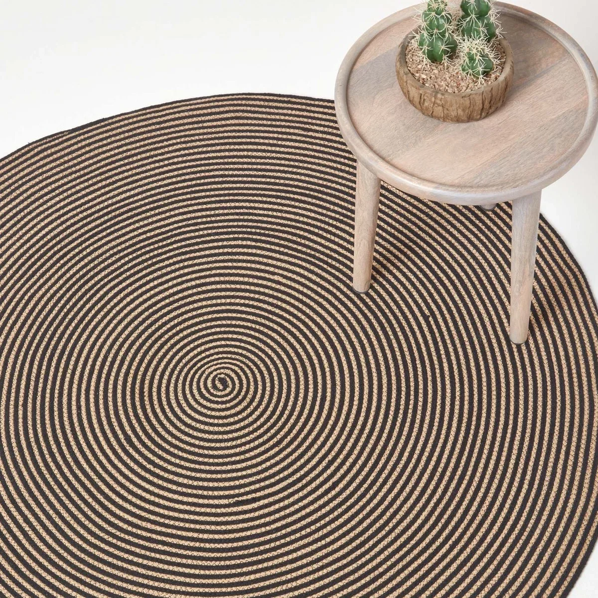 Image of Linen and Black Handmade Woven Spiral Braided Rug, 120 cm Round