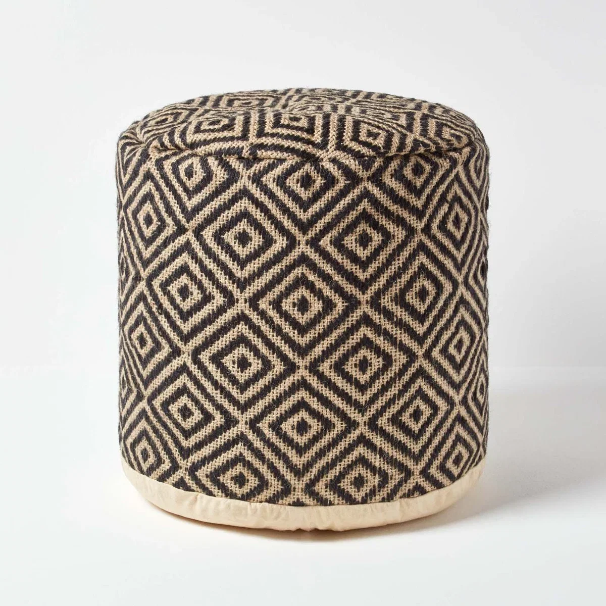Image of Black and Cream Aztec Style Jute Footstool Beanbag Round 45 x 40 cm