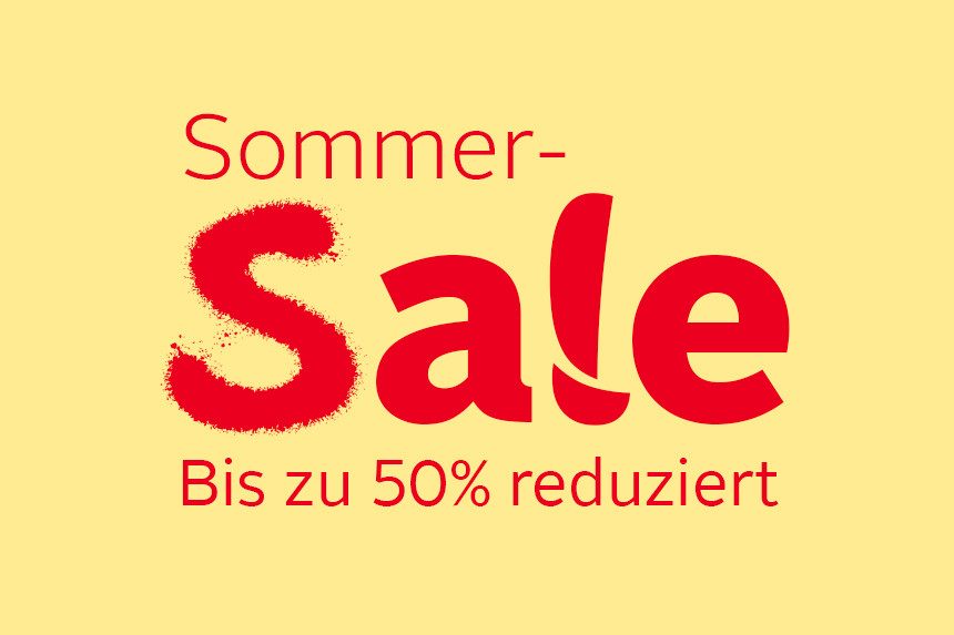 Grafik zum Sommer-Sale mit Hinweis auf bis zu 50 % Rabatt auf ausgewählte Artikel.