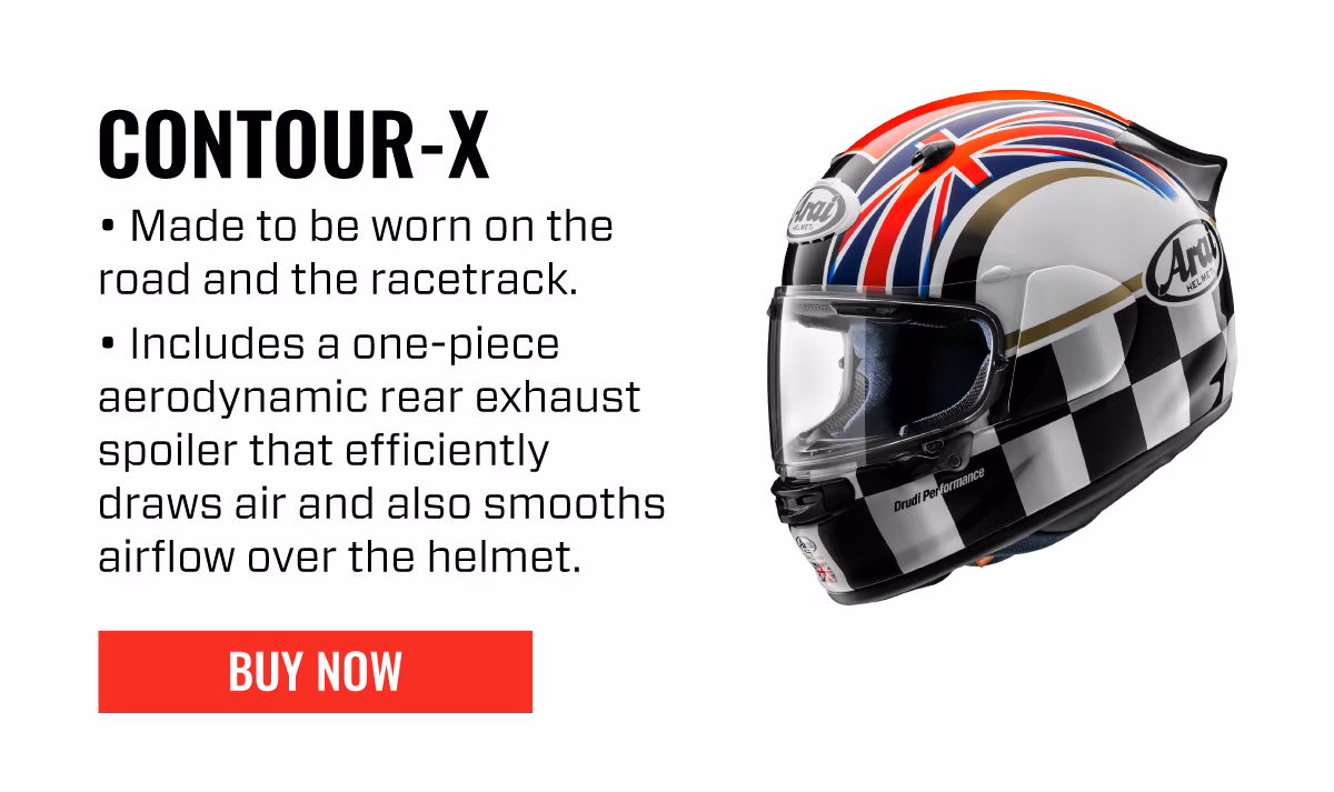 CONTOUR-X Made to be worn on the road and the racetrack. Includes a one-piece aerodynamic rear exhaust/spoiler efficiently draws air and also smooths airflow over the helmet. | BUY NOW
