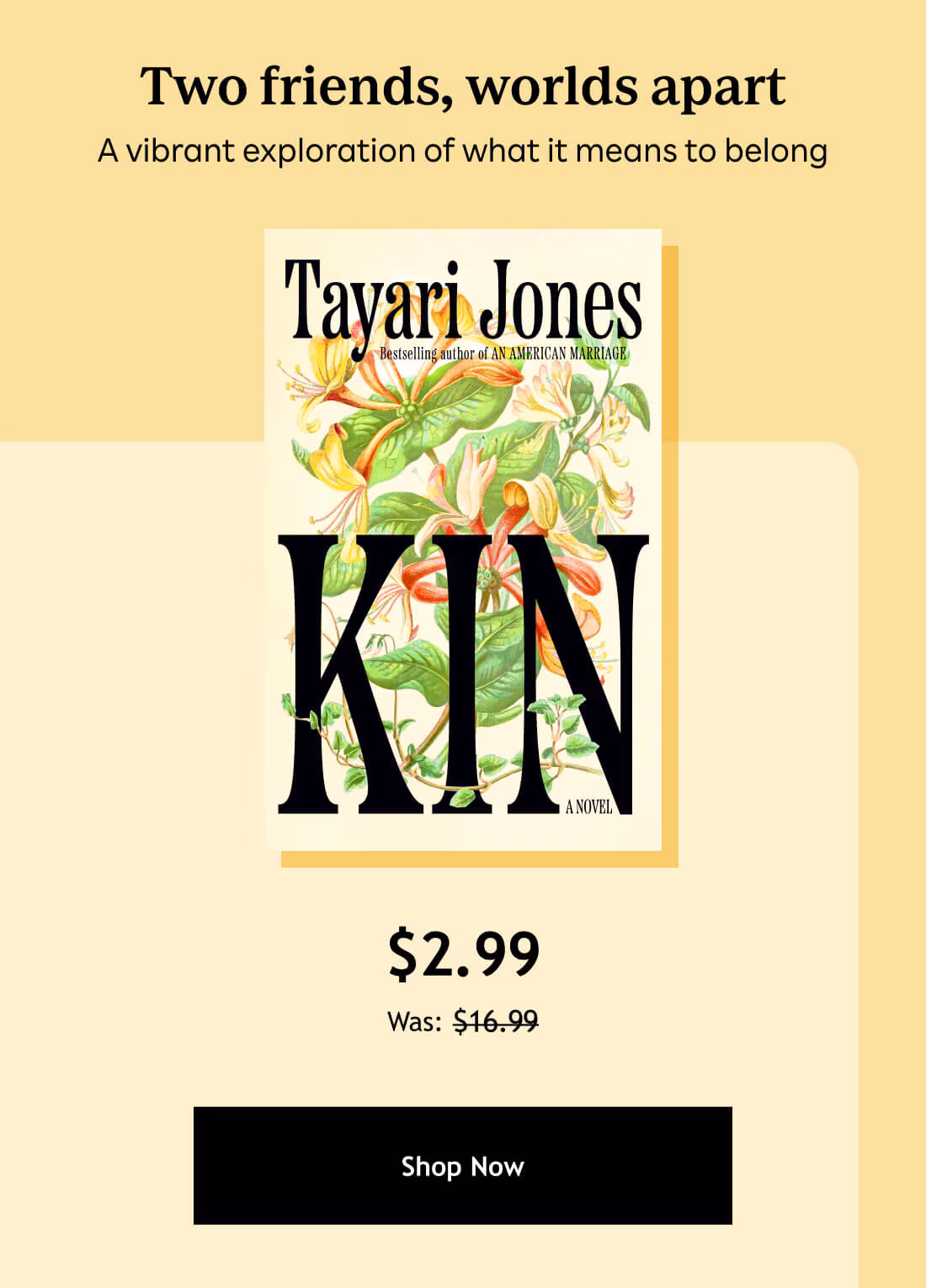 Two friends, worlds apart. A vibrant exploration of what it means to belong. Kin. Tayari Jones. $2.99. Was: $16.99. Shop Now