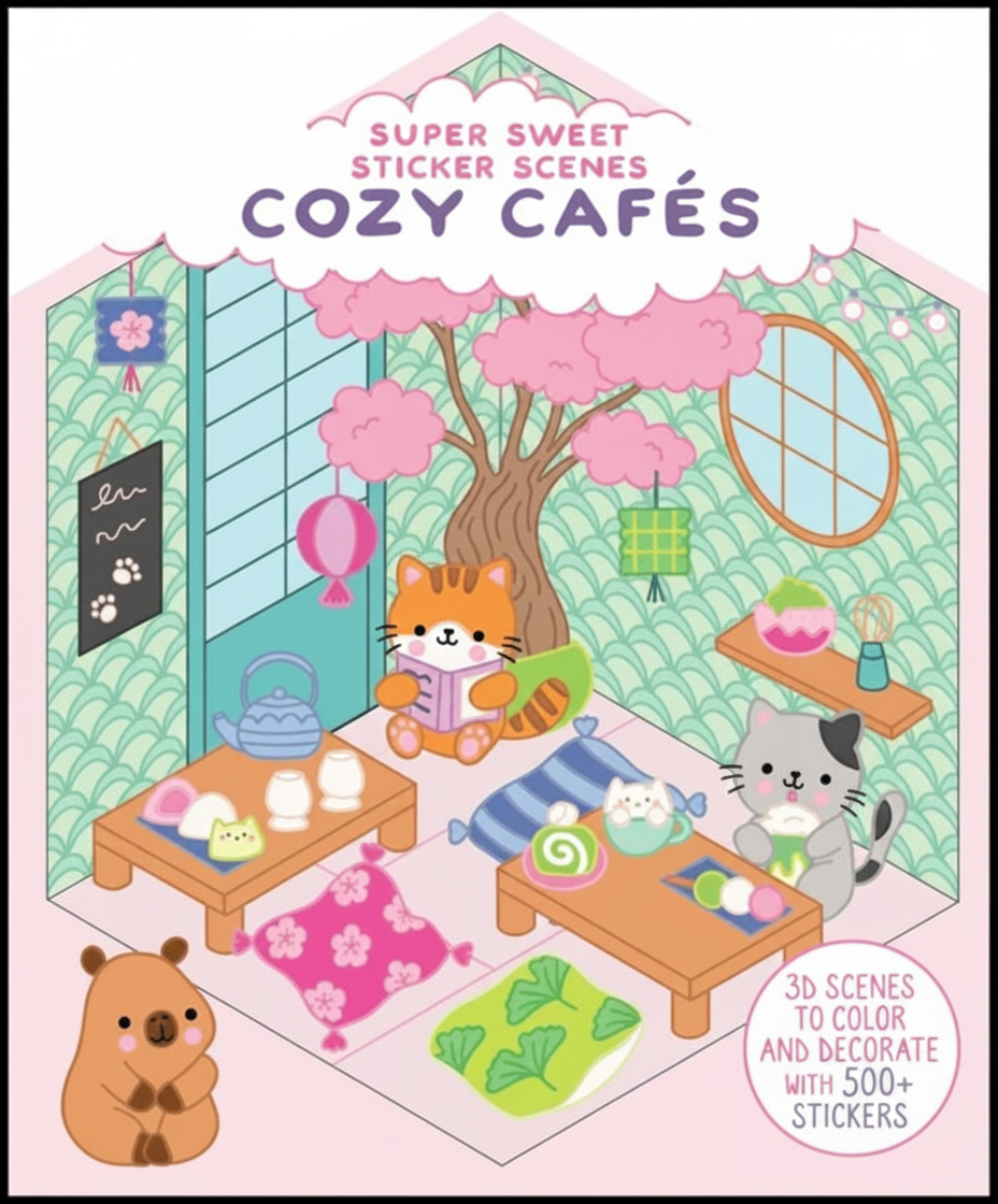 A sticker book cover for "Cozy Cafés" featuring cute animals in a cafe setting.