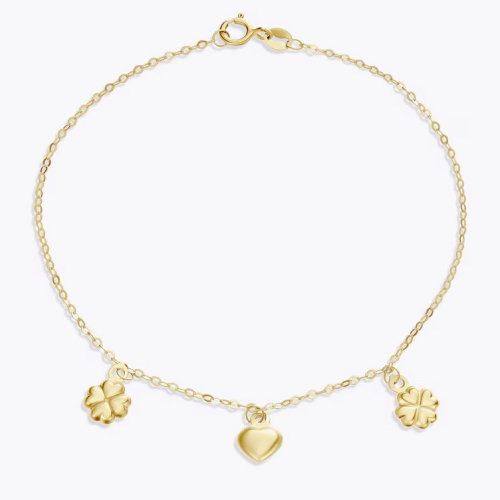 9ct Yellow Gold Heart & Clover Charm Bracelet