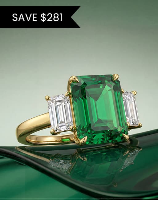 Lab Emerald & Lab Diamond Three Stone Engagement Ring