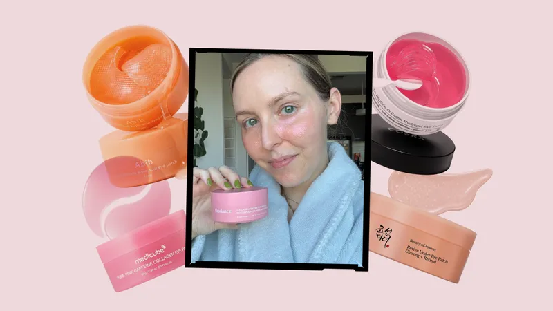 Image contains an Allure editor holding the Biodance Collagen Peptide Eye Patches surrounded by a collage of the best Korean eye patches on a pink background