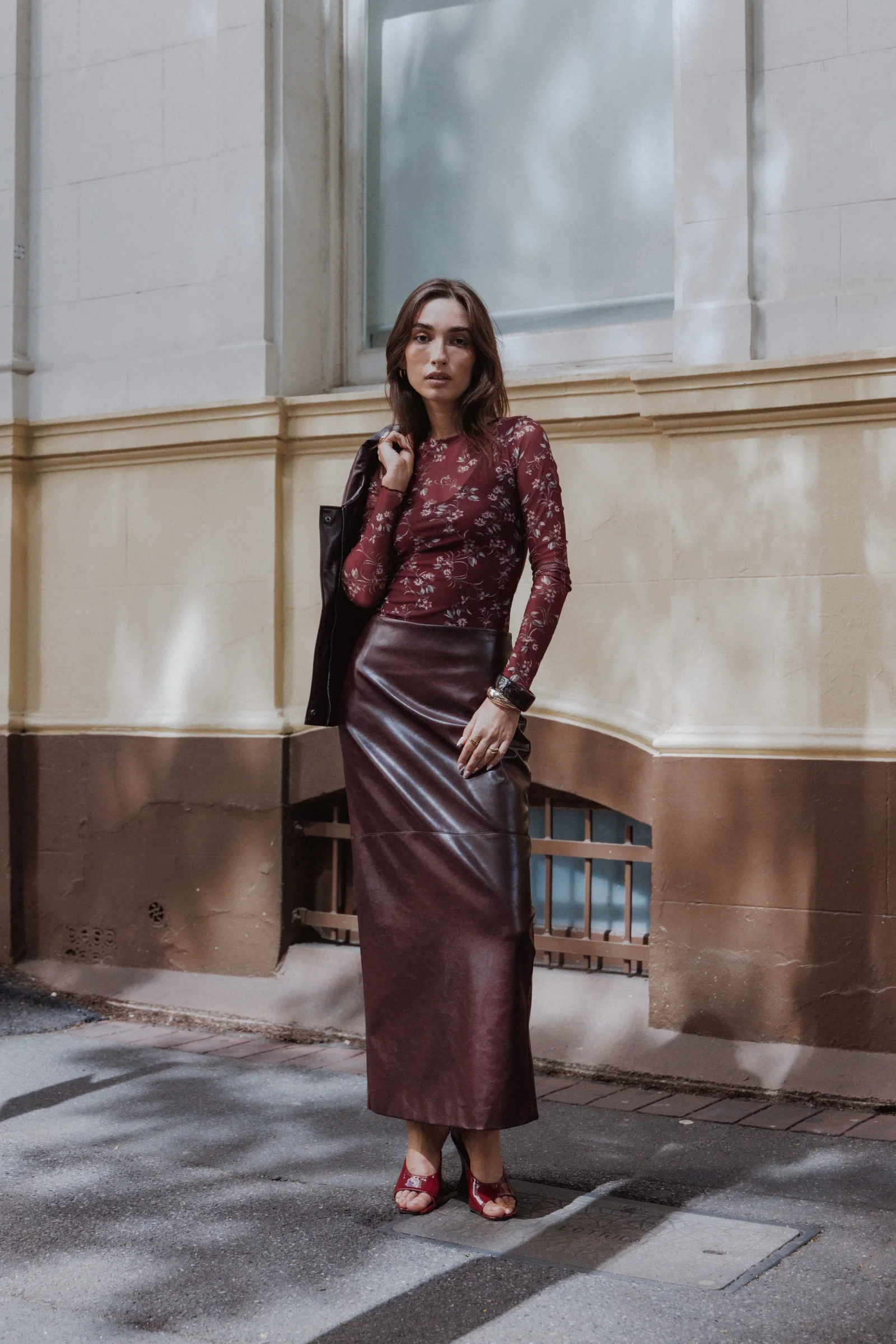 Image of Koda Faux Leather Column Skirt - Burgundy