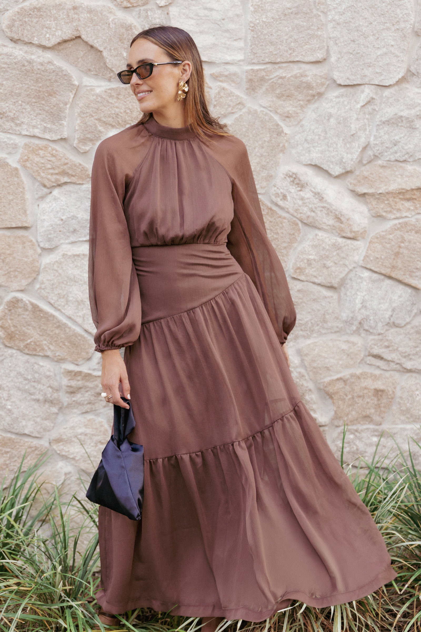 Image of Julip Sheer Long Sleeve Maxi Dress - Brown