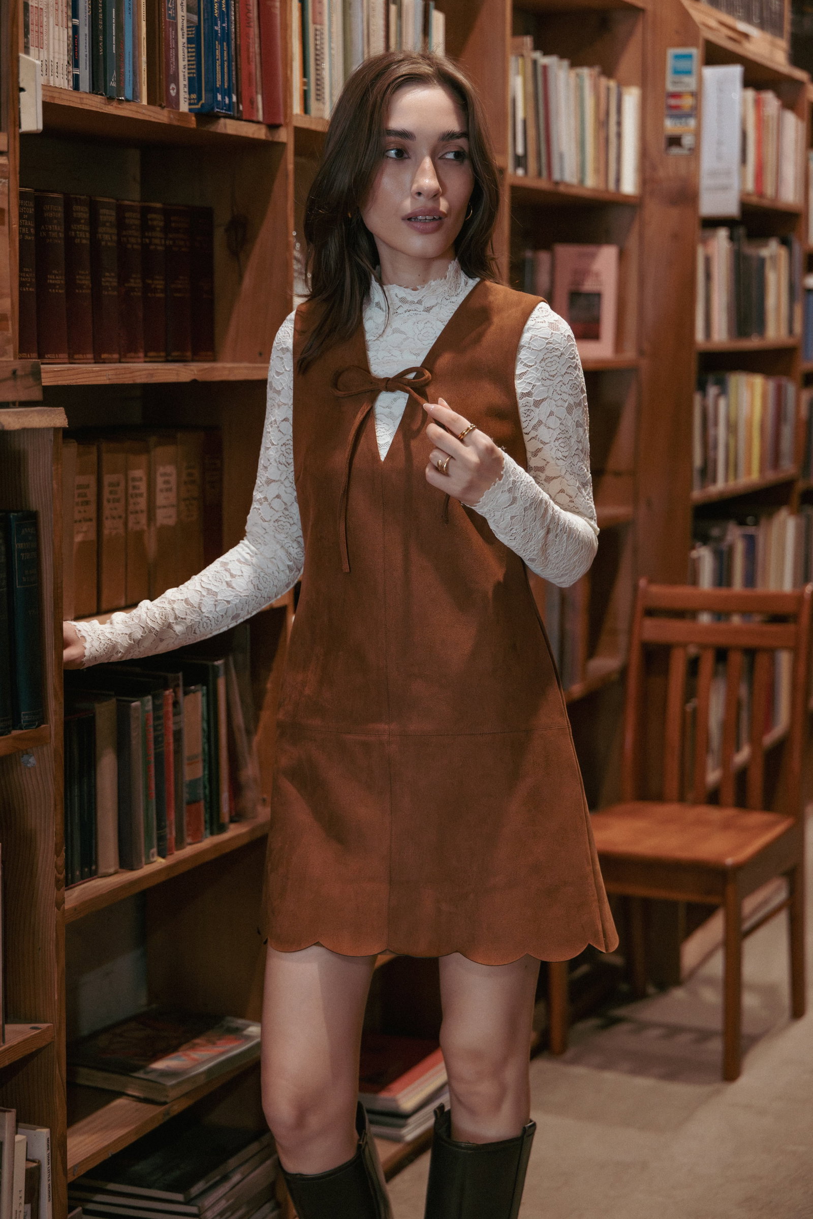 Image of Jonty Scallop Hem Mini Dress - Copper Tan