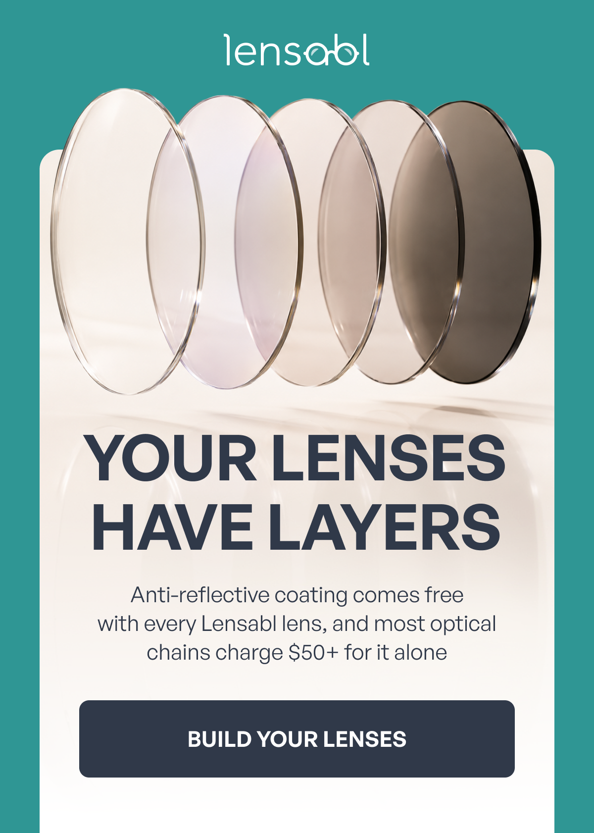 your lenses have layers anti-reflective coating comes free with every lensabl lens, and most optical chains charge $50+ for it alone build your lenses