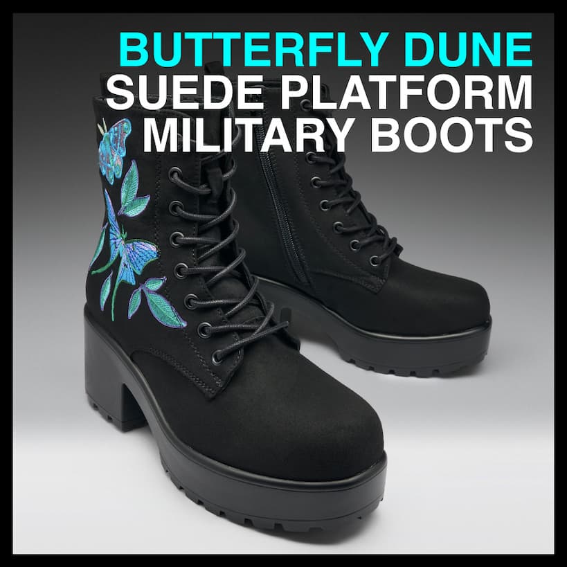 Butterfly Dune Suede Platform Military Boots - Black