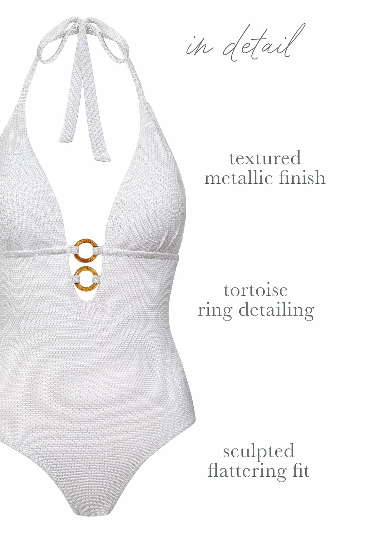in detail, textured metallic finish, tortoise ring detailing, and sculpted flattering fit