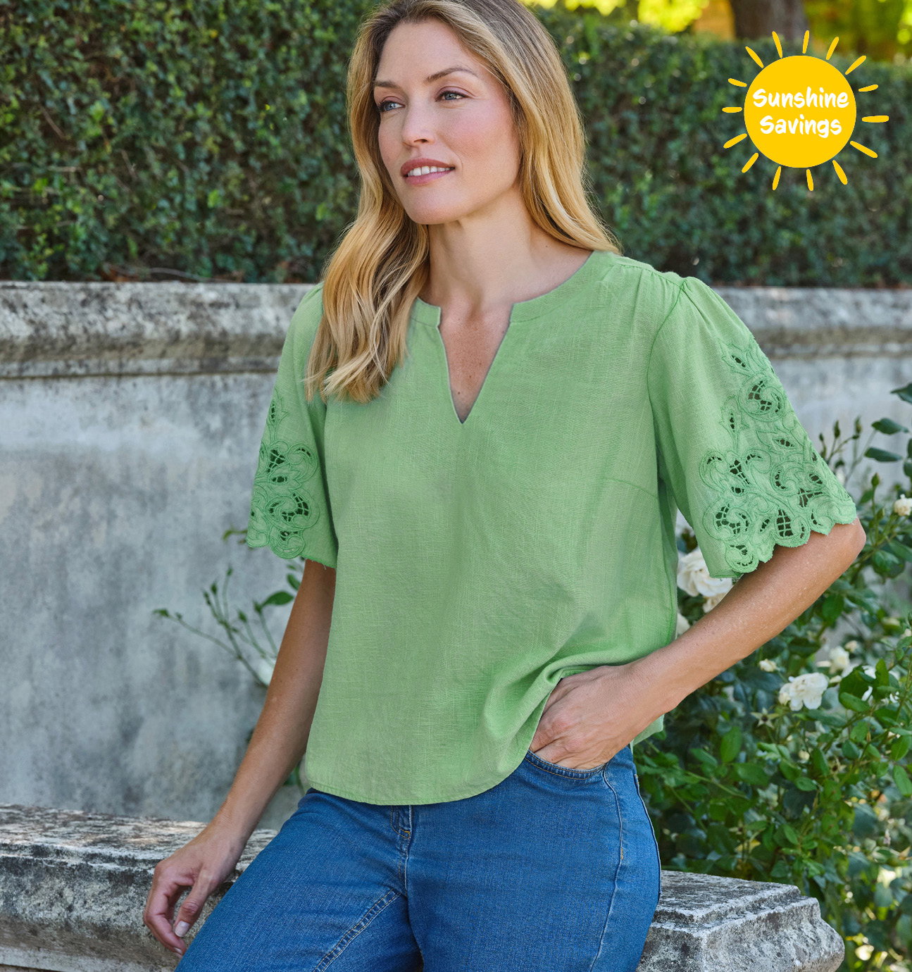 Cutwork Sleeve Notch Neck Top