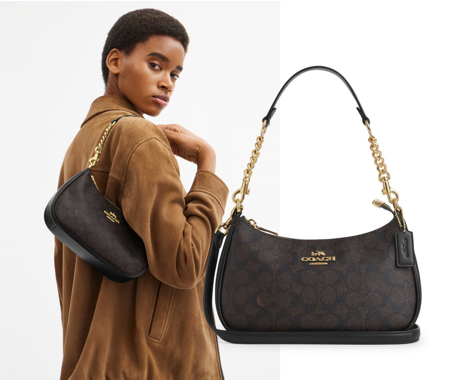 Teri Shoulder Bag In Signature Canvas Gold/Walnut/Black