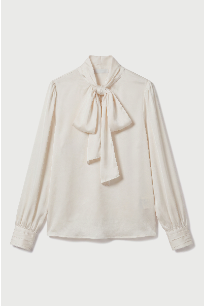Long Sleeves Stretch Satin Bow Blouse