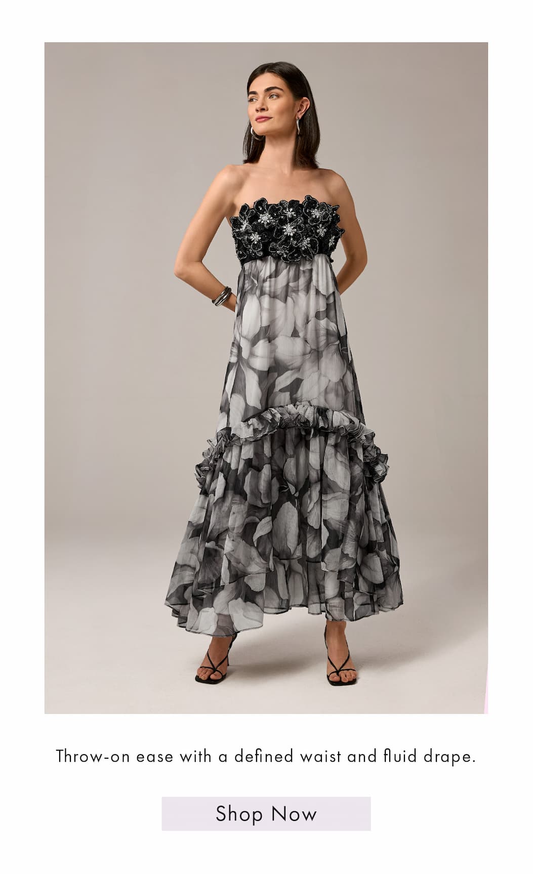 Embellished Floral Applique Strapless Flowy Maxi Dress