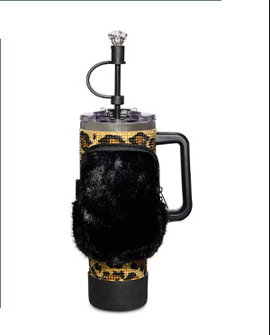 Cheetah Print Rhinestone Travel Tumbler with Pouch and Accessories - 40 oz.