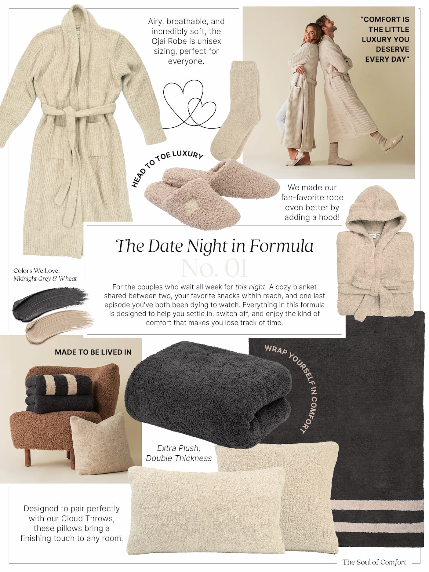 Collage of product for the perfect date night in formula. Including robes, throws, pillows, slippers and socks.