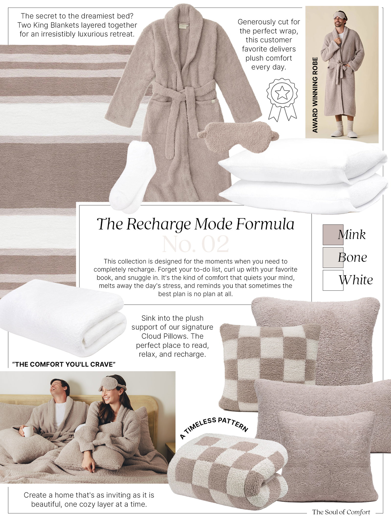 Collage of product for the recharge mode formula. Including robes, throws, pillows, slippers and socks.