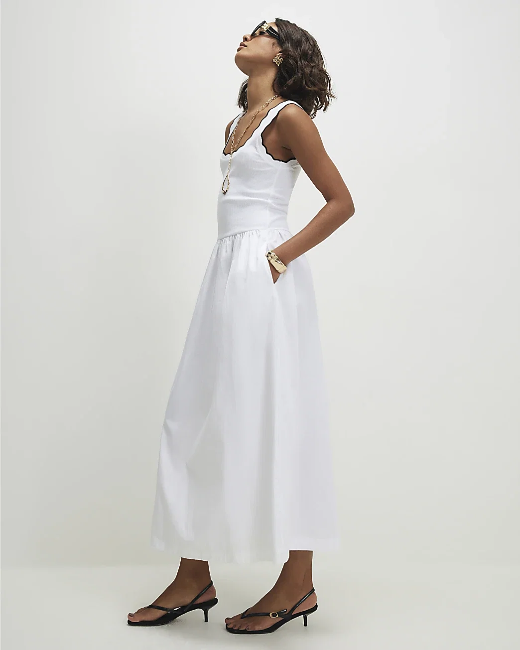 Womens White Sleeveless Scallop Hybrid Maxi Dress
