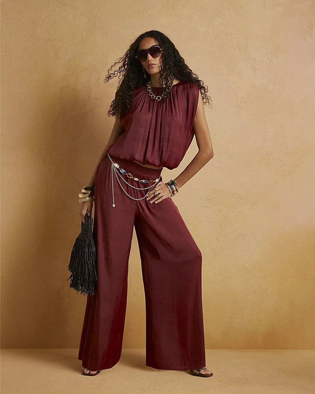 Womens Brown Satin Elasticated Wide Leg Trousers