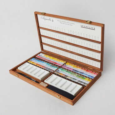 Sennelier l'Aquarelle Watercolour Paint and Extras in Walnut Box Half Pan Assorted Colours Set of 96