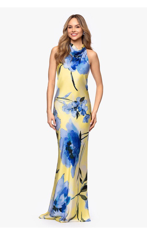 Draped Floral Print Charmeuse High Neck Dress
