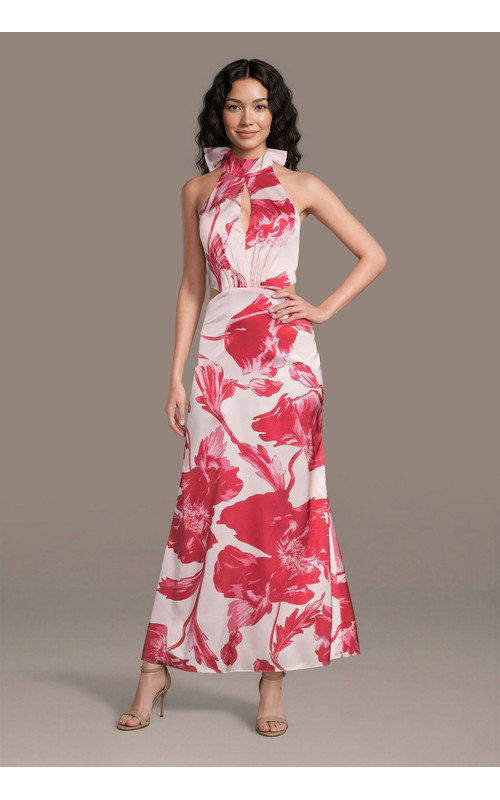 Matte Satin Print Halter Dress with Cutouts