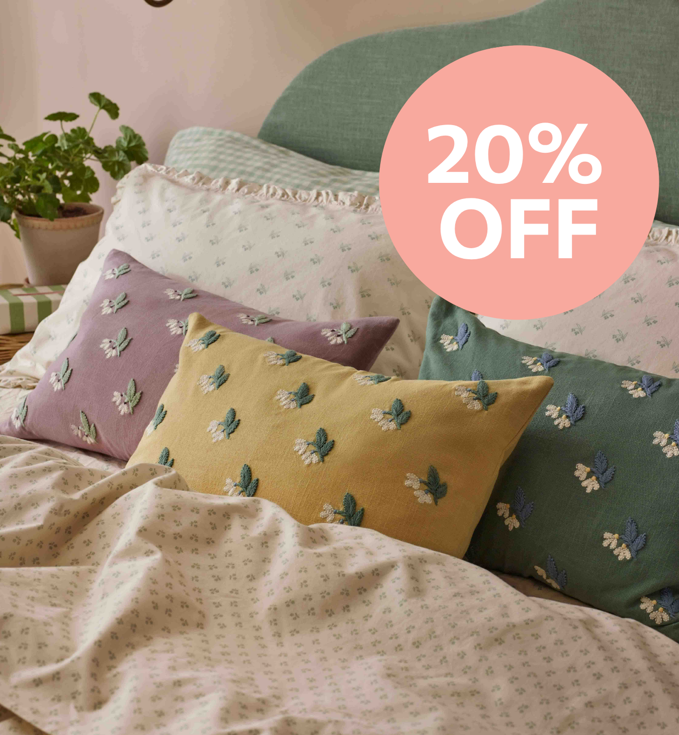 Elm Green Snowdrop Embroidered Filled Cushion