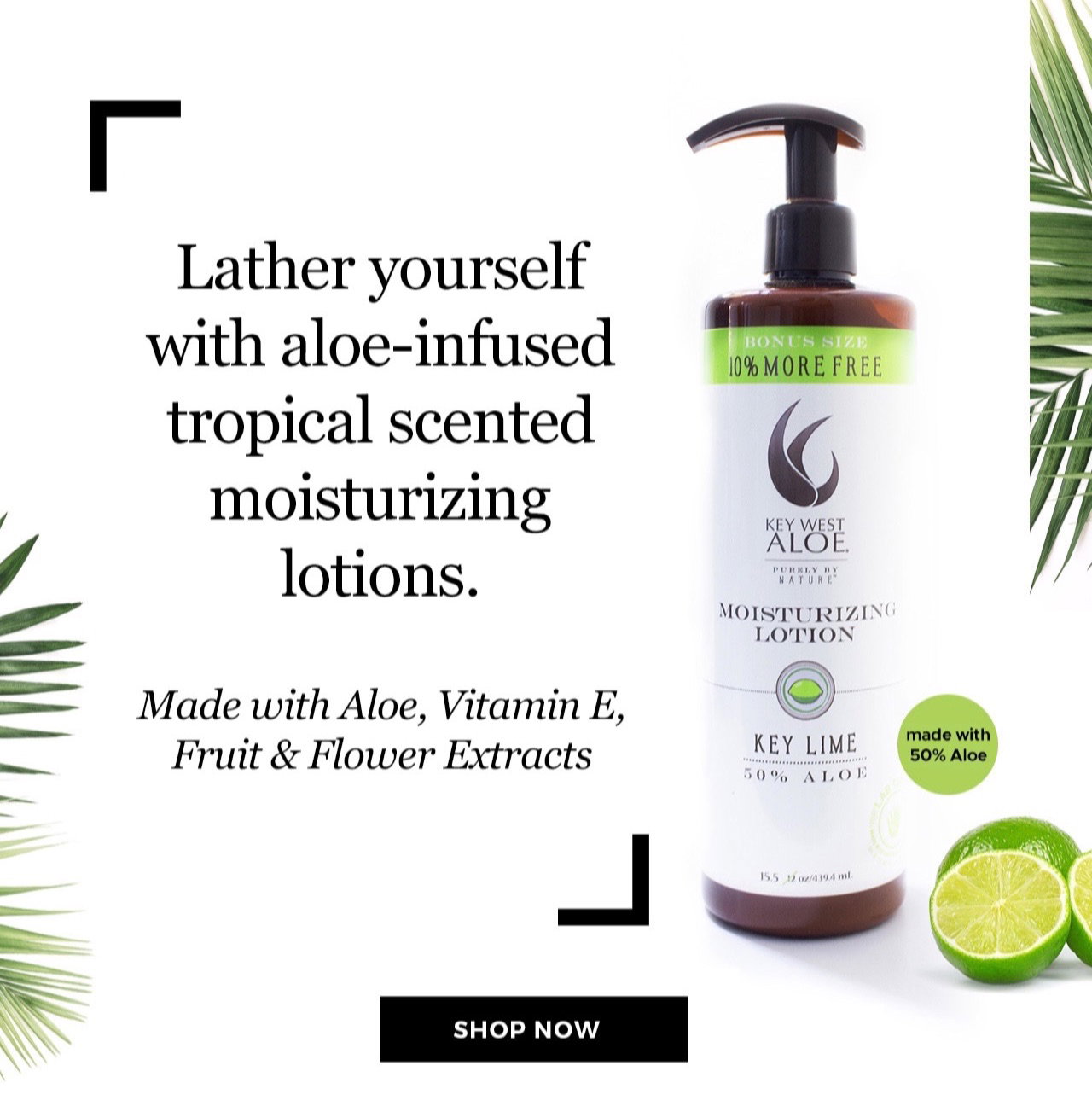 Bottle of Key West Aloe Key Lime Moisturizing Lotion with slices of lime and a palm fronds border