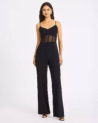 V-Neck Sheer Corset Wide Leg Jumpsuit