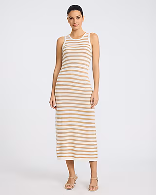 Textured Striped Crew Neck Sleeveless Midi Sweater Dress