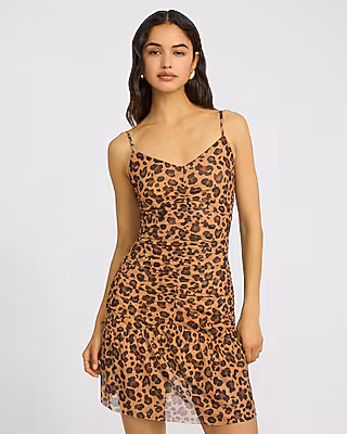 Leopard Mesh V-Neck Ruched Drop Waist Mini Dress