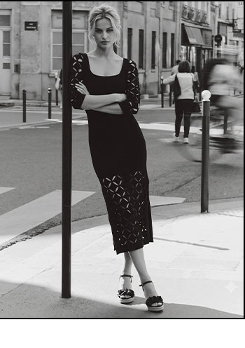 Black Cutout Knit Midi Dress with Square Neckline