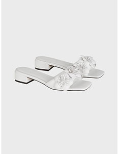 White Low Heel Slide Leather Sandals With Flower Detailing