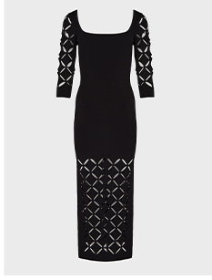 Black Cutout Knit Midi Dress with Square Neckline