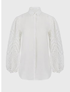 White Crepe Shirt with Eyelet Lace Sleeves
