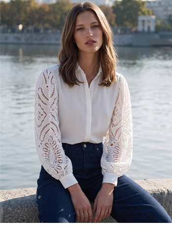 White Crepe Shirt with Eyelet Lace Sleeves