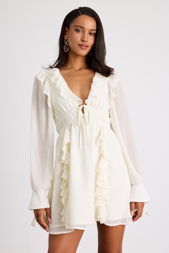 Image of Haida Cream Ruffled Long Sleeve Mini Dress