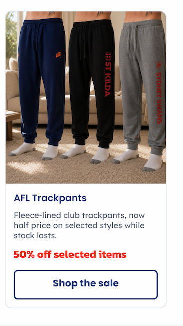 A range of AFL Trackpants on display in a living room